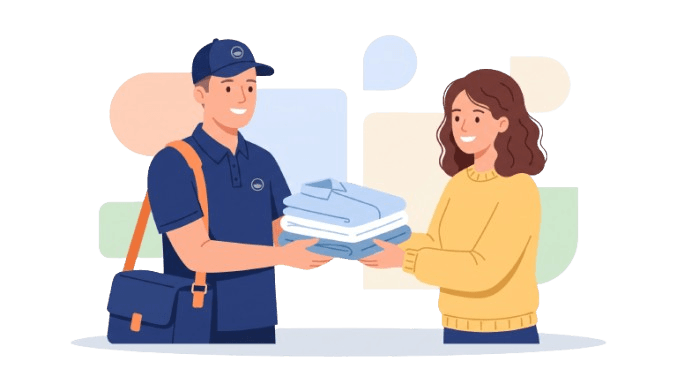 Cleanova delivery partner handing over freshly cleaned clothes to a customer